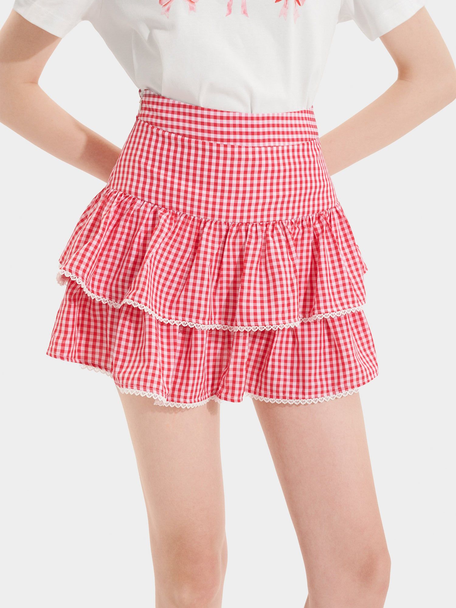  Váy mini caro 2 tầng phối ren 