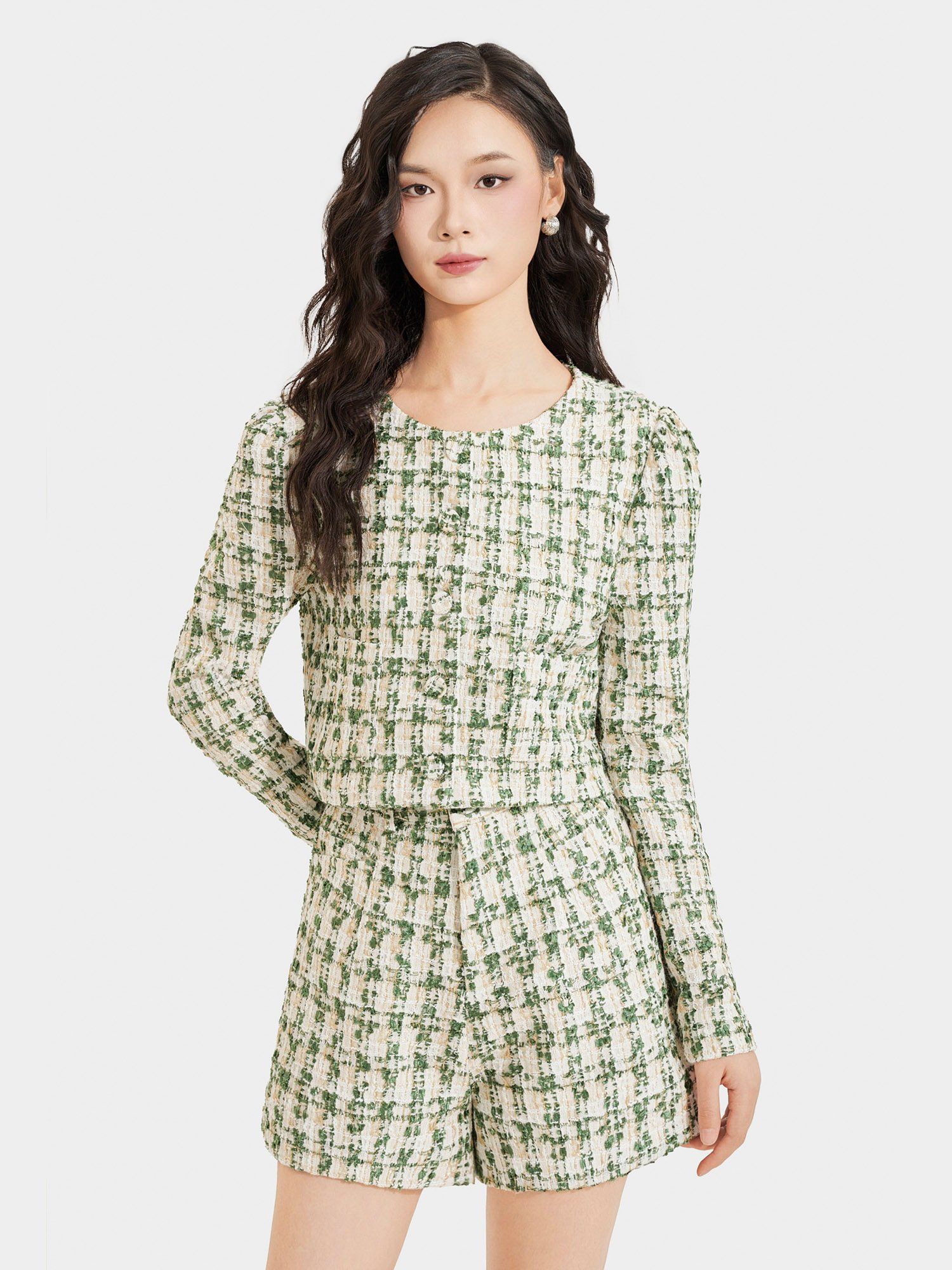  Áo khoác vải tweed cổ tròn cài nút bọc 