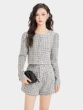  Áo khoác vải tweed cổ tròn cài nút bọc 