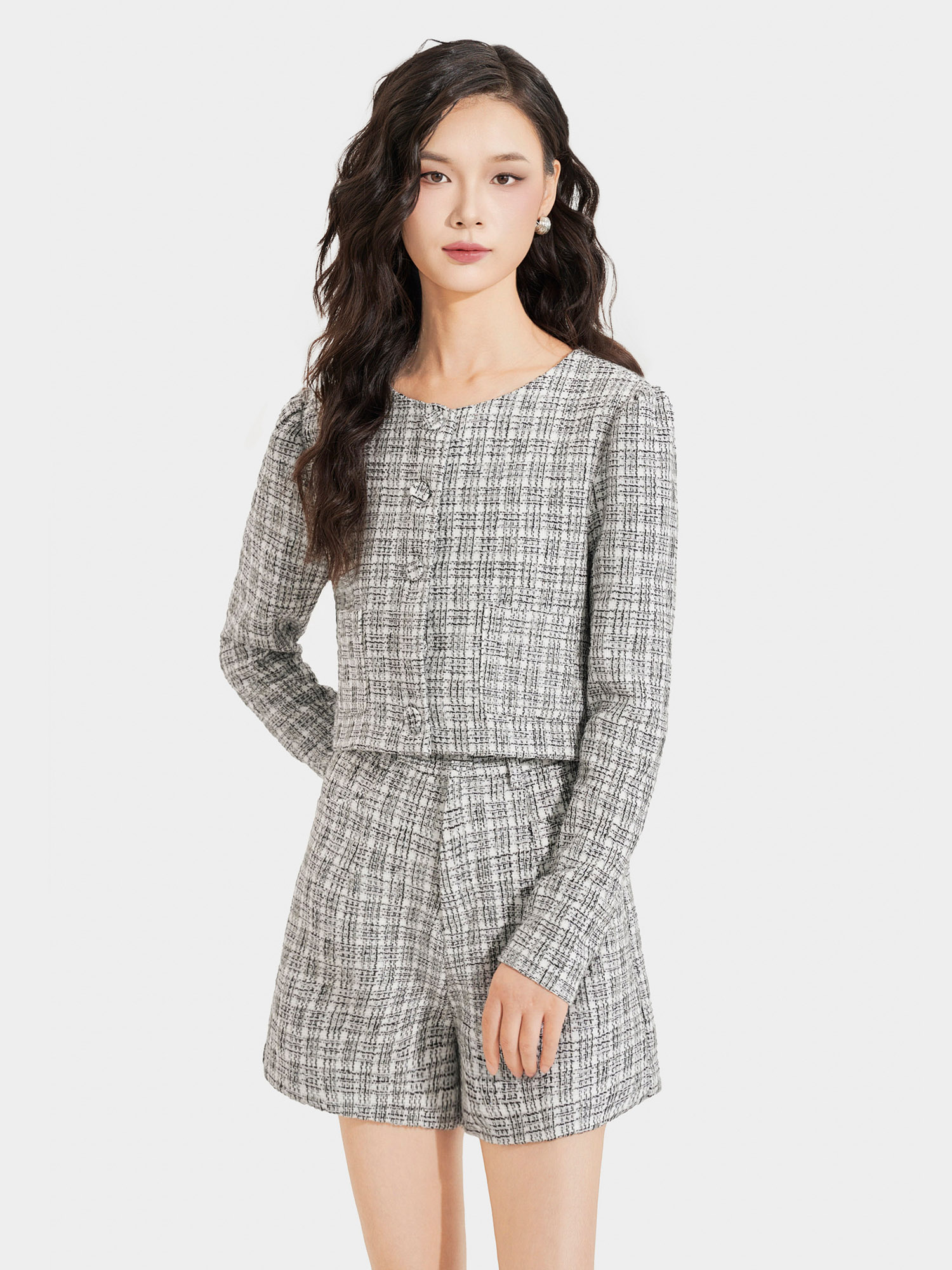 Áo khoác vải tweed cổ tròn cài nút bọc