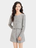  Áo khoác vải tweed cổ tròn cài nút bọc 