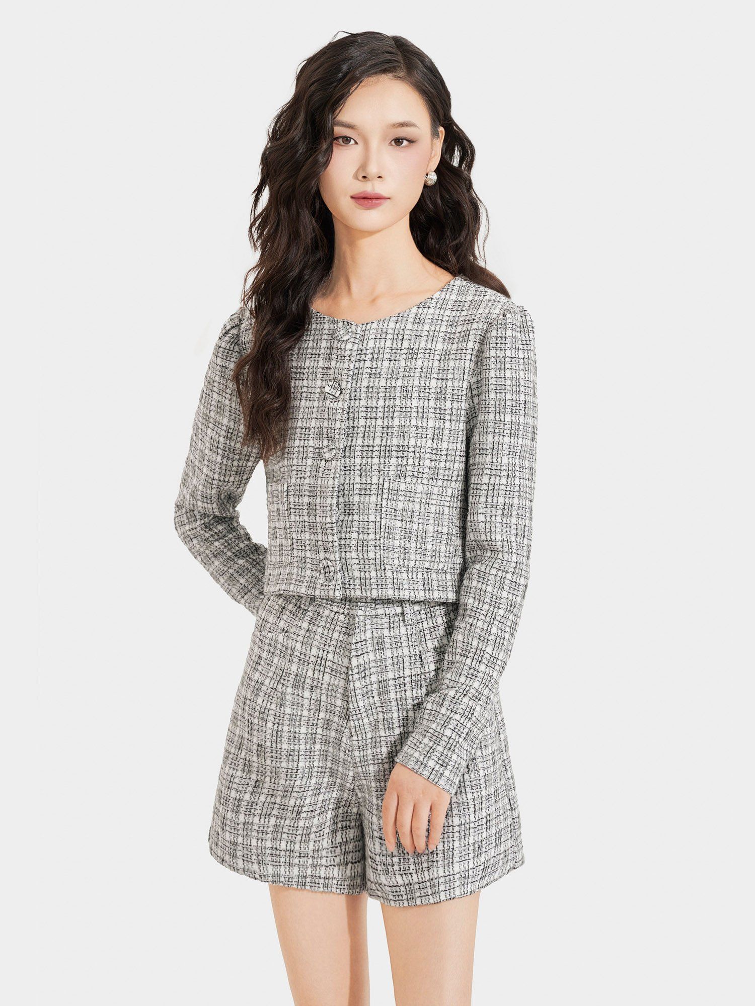 Áo khoác vải tweed cổ tròn cài nút bọc 