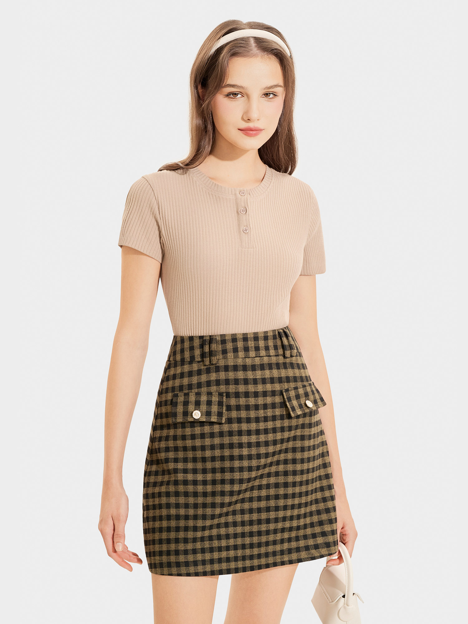 Váy mini caro form A, nắp túi đính nút