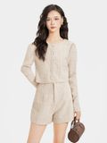 Áo khoác vải tweed cổ tròn cài nút bọc 