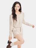  Áo khoác vải tweed cổ tròn cài nút bọc 