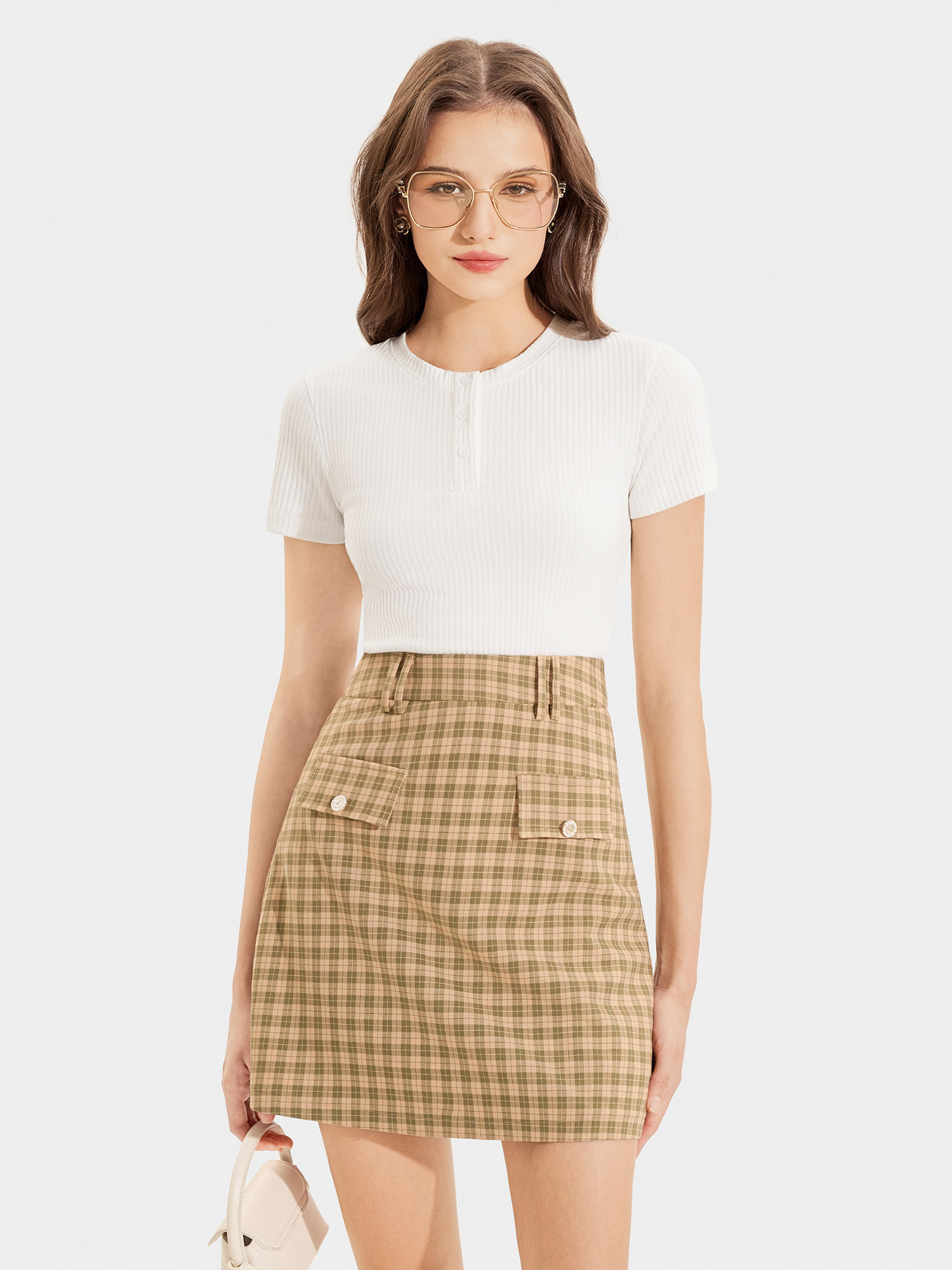 Váy mini caro form A, nắp túi đính nút