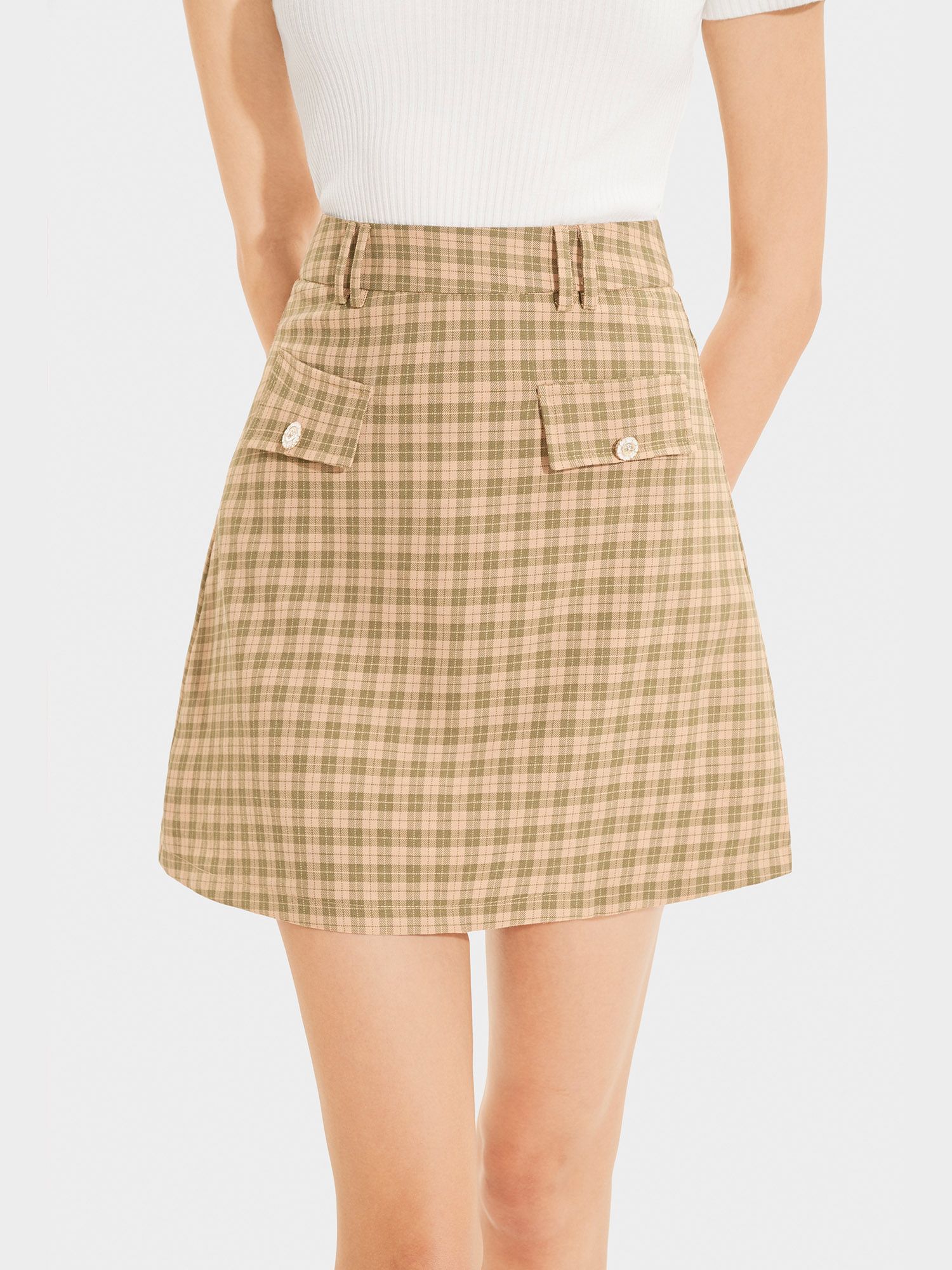  Váy mini caro form A, nắp túi đính nút 