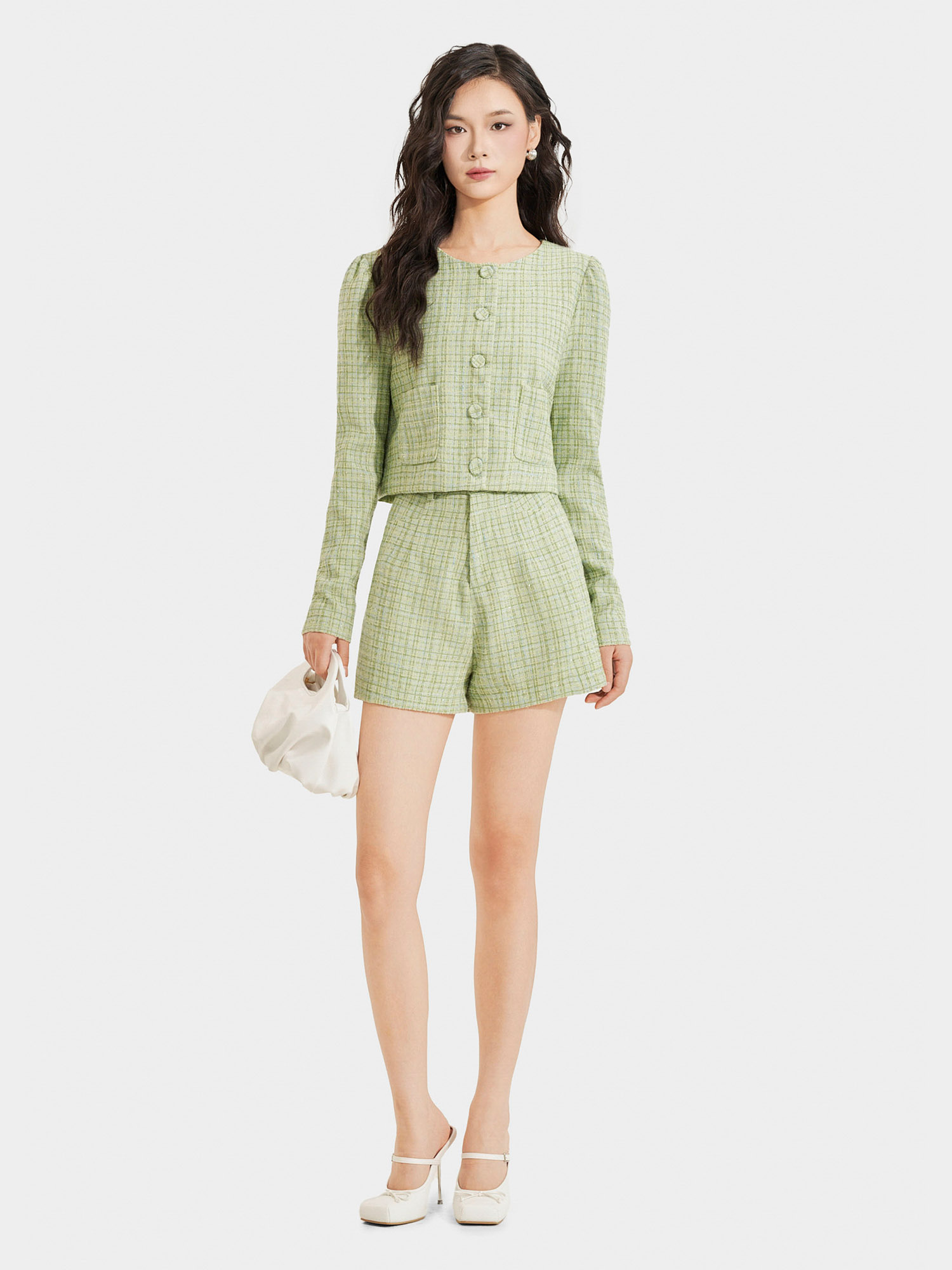 Áo khoác vải tweed cổ tròn cài nút bọc