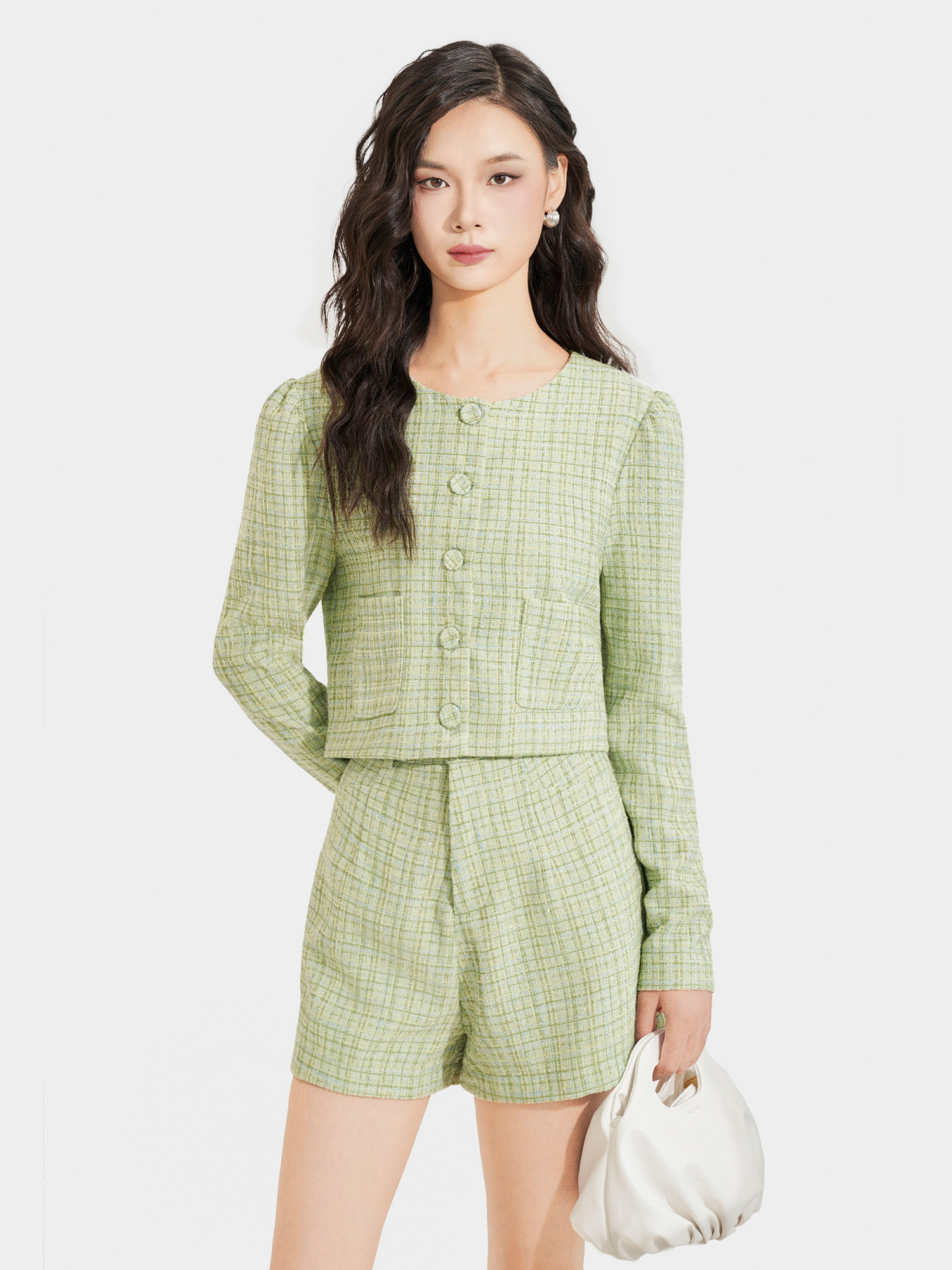 Áo khoác vải tweed cổ tròn cài nút bọc
