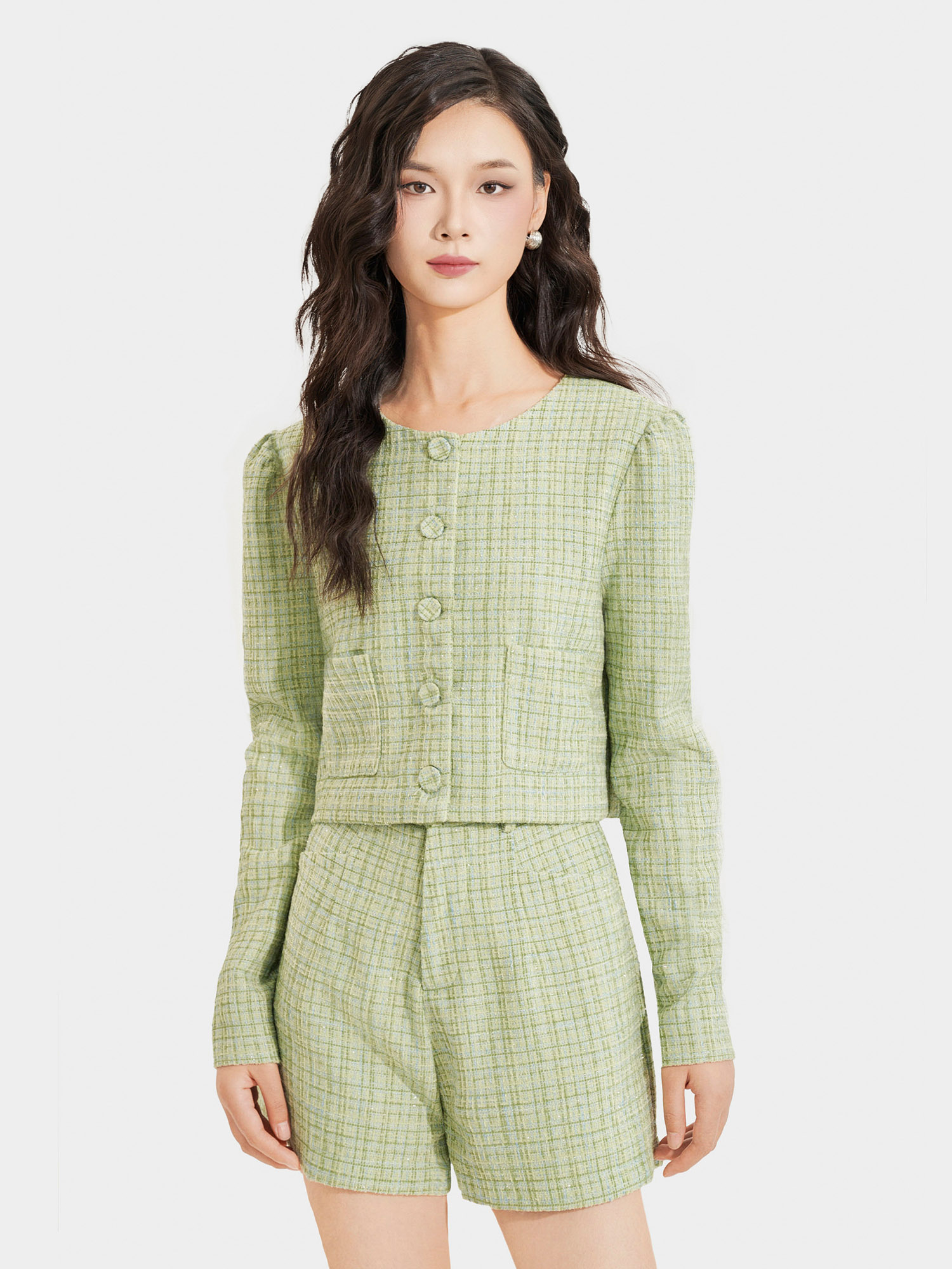 Áo khoác vải tweed cổ tròn cài nút bọc