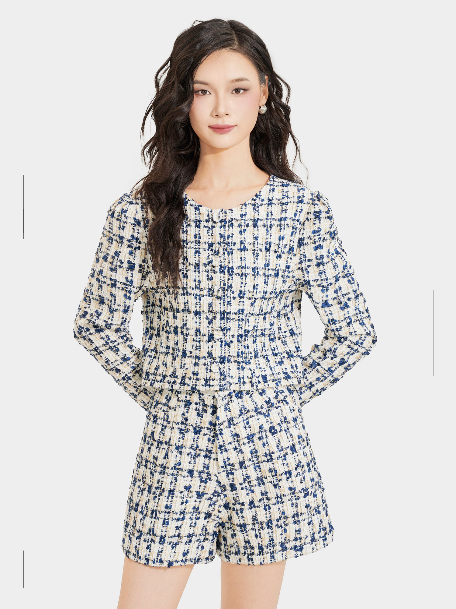Áo khoác vải tweed cổ tròn cài nút bọc