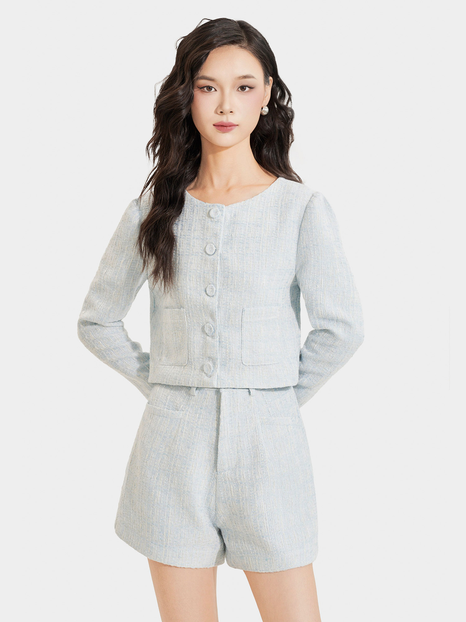 Áo khoác vải tweed cổ tròn cài nút bọc