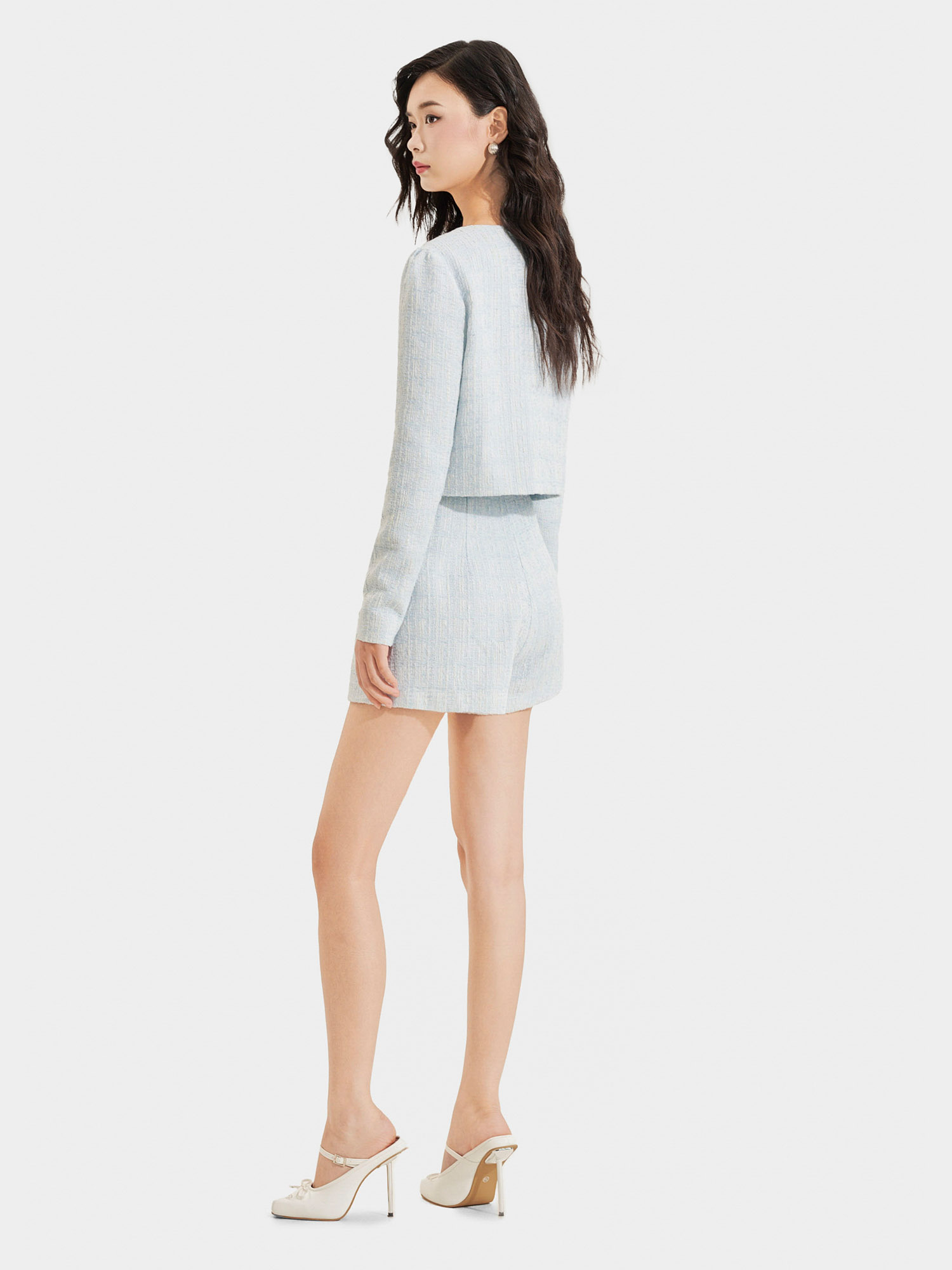 Áo khoác vải tweed cổ tròn cài nút bọc