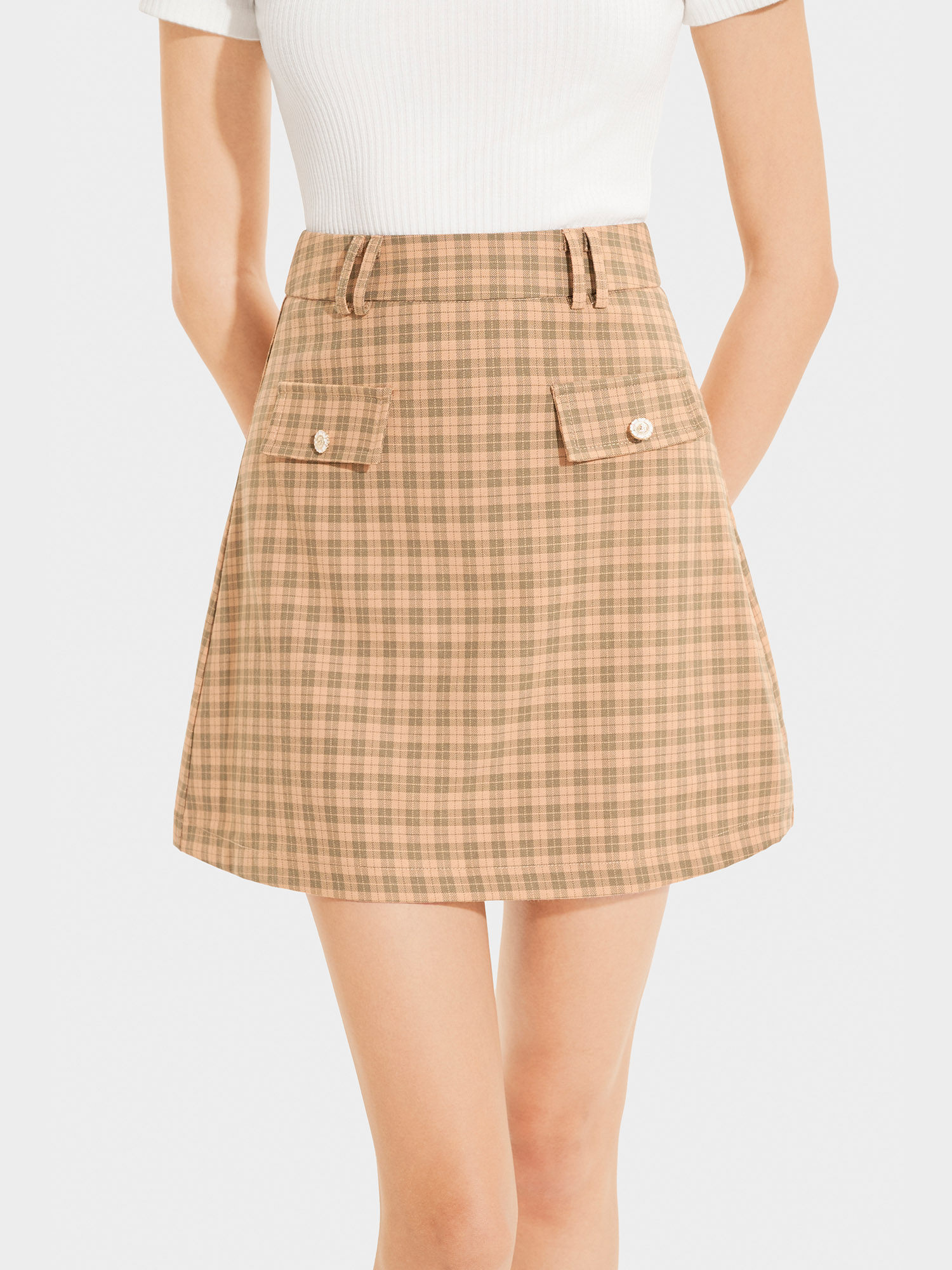 Váy mini caro form A, nắp túi đính nút