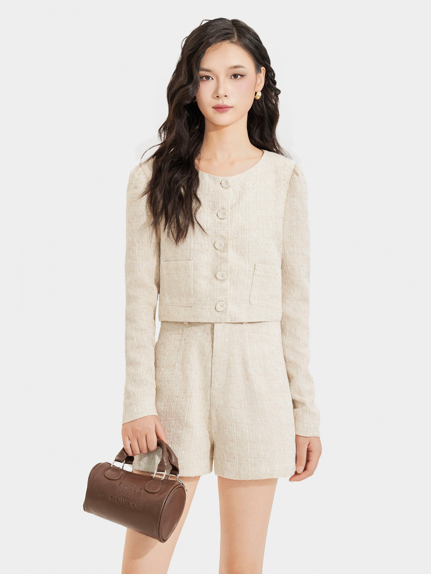 Áo khoác vải tweed cổ tròn cài nút bọc