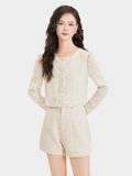  Áo khoác vải tweed cổ tròn cài nút bọc 