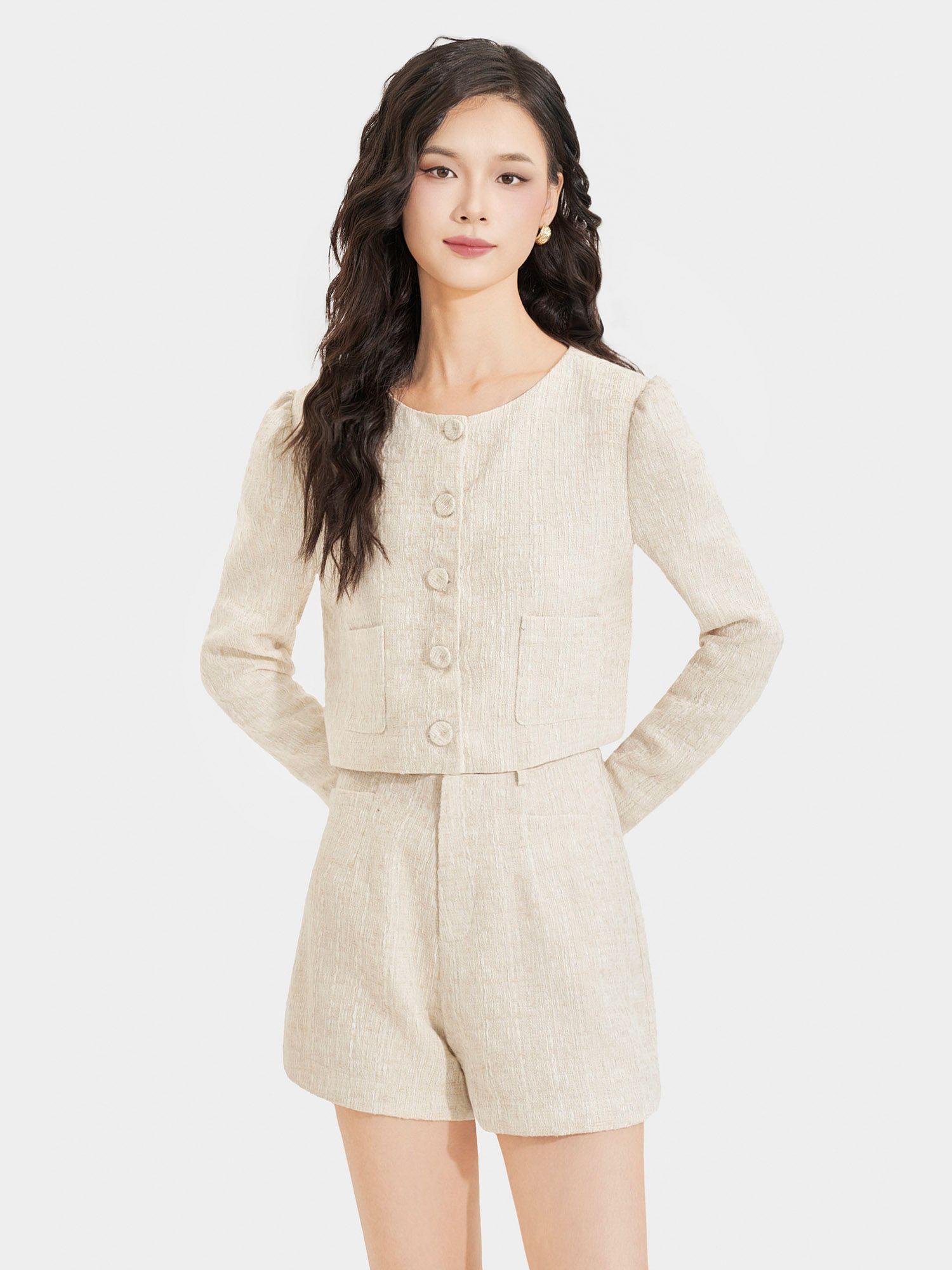  Áo khoác vải tweed cổ tròn cài nút bọc 