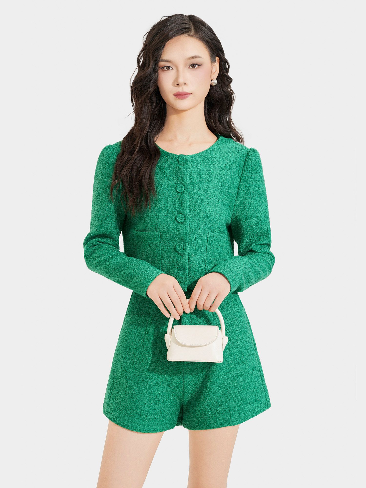  Áo khoác vải tweed cổ tròn cài nút bọc 