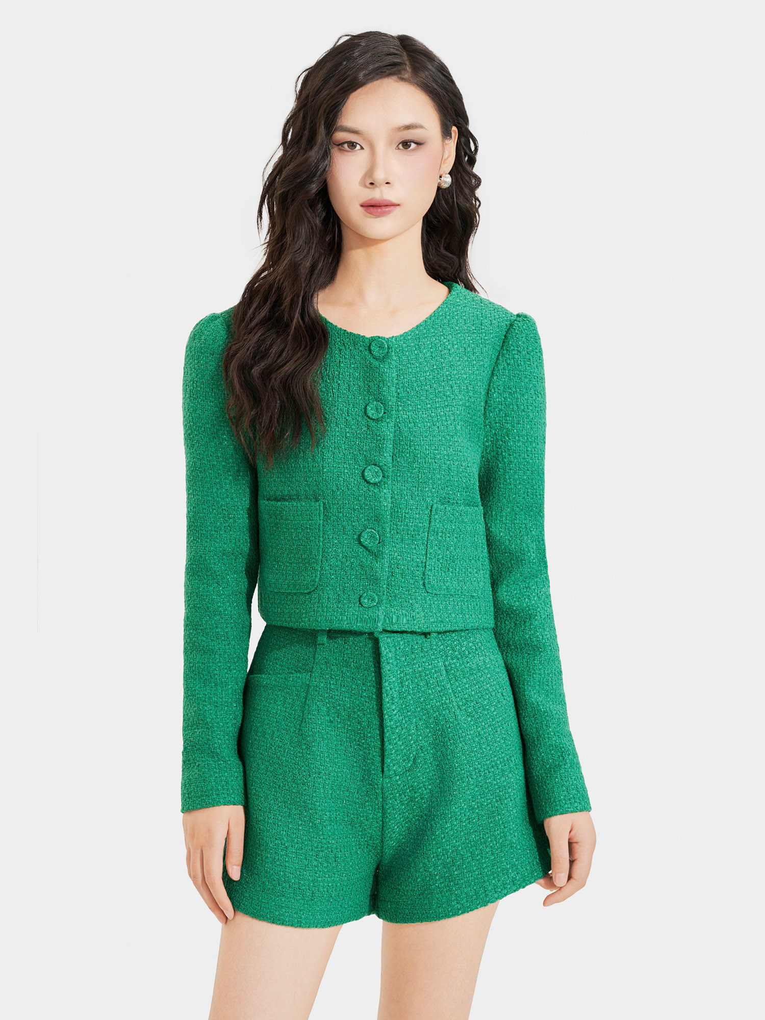 Áo khoác vải tweed cổ tròn cài nút bọc