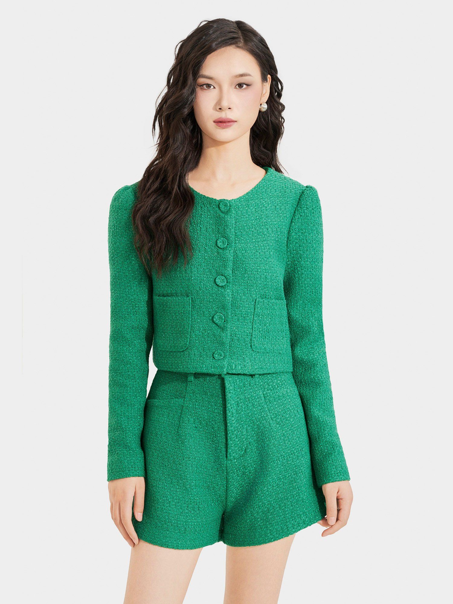  Áo khoác vải tweed cổ tròn cài nút bọc 