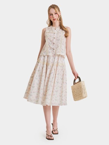  Váy midi tơ thêu họa tiết hoa 