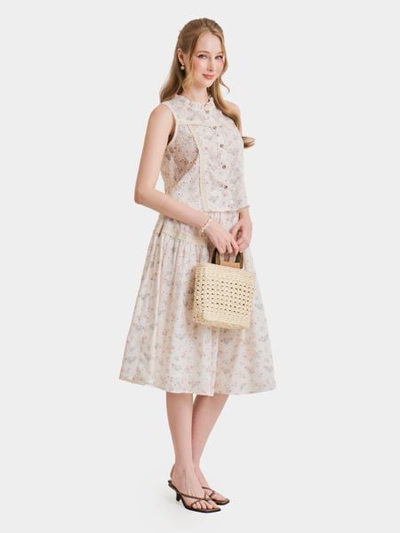  Váy midi tơ thêu họa tiết hoa 