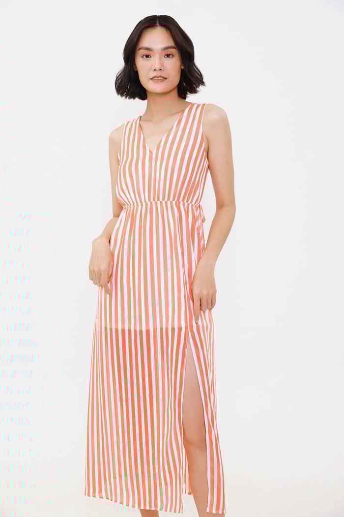 Đầm midi sọc dài rút nhún