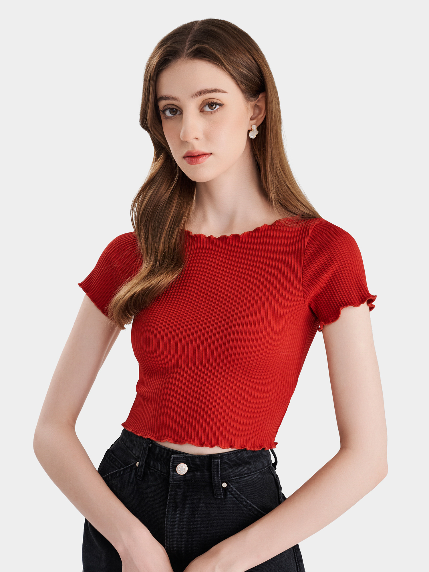 Áo thun gân croptop tay ngắn cuốn biên