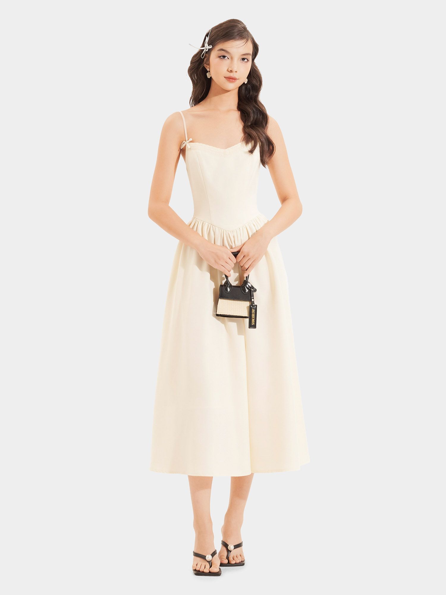  Đầm midi 2 dây nhún tùng phối ren ngực đính nơ 2 bên 