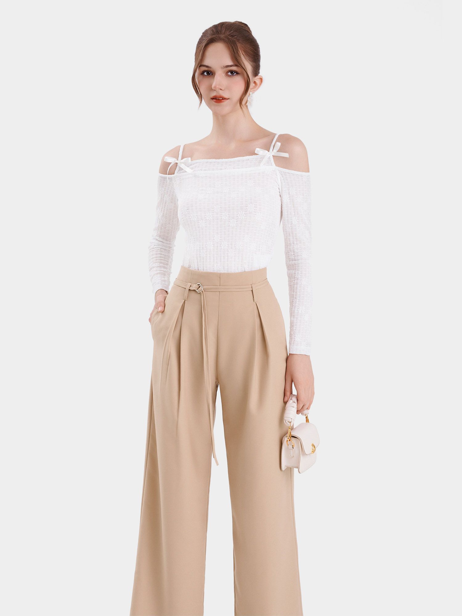  Quần dài ống suông xếp li trước 2 túi phối dây thắt lưng 