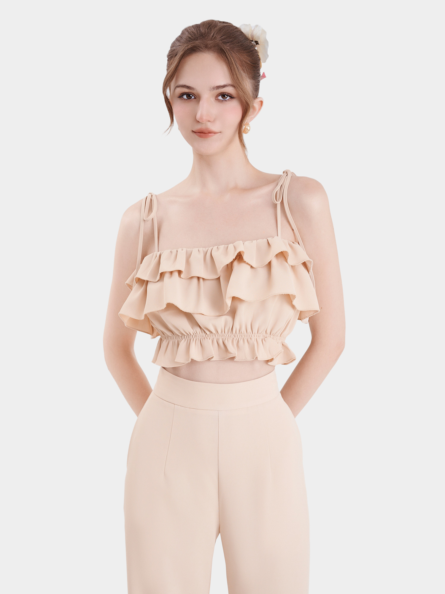Áo 2 dây croptop phối bèo nhún thun eo