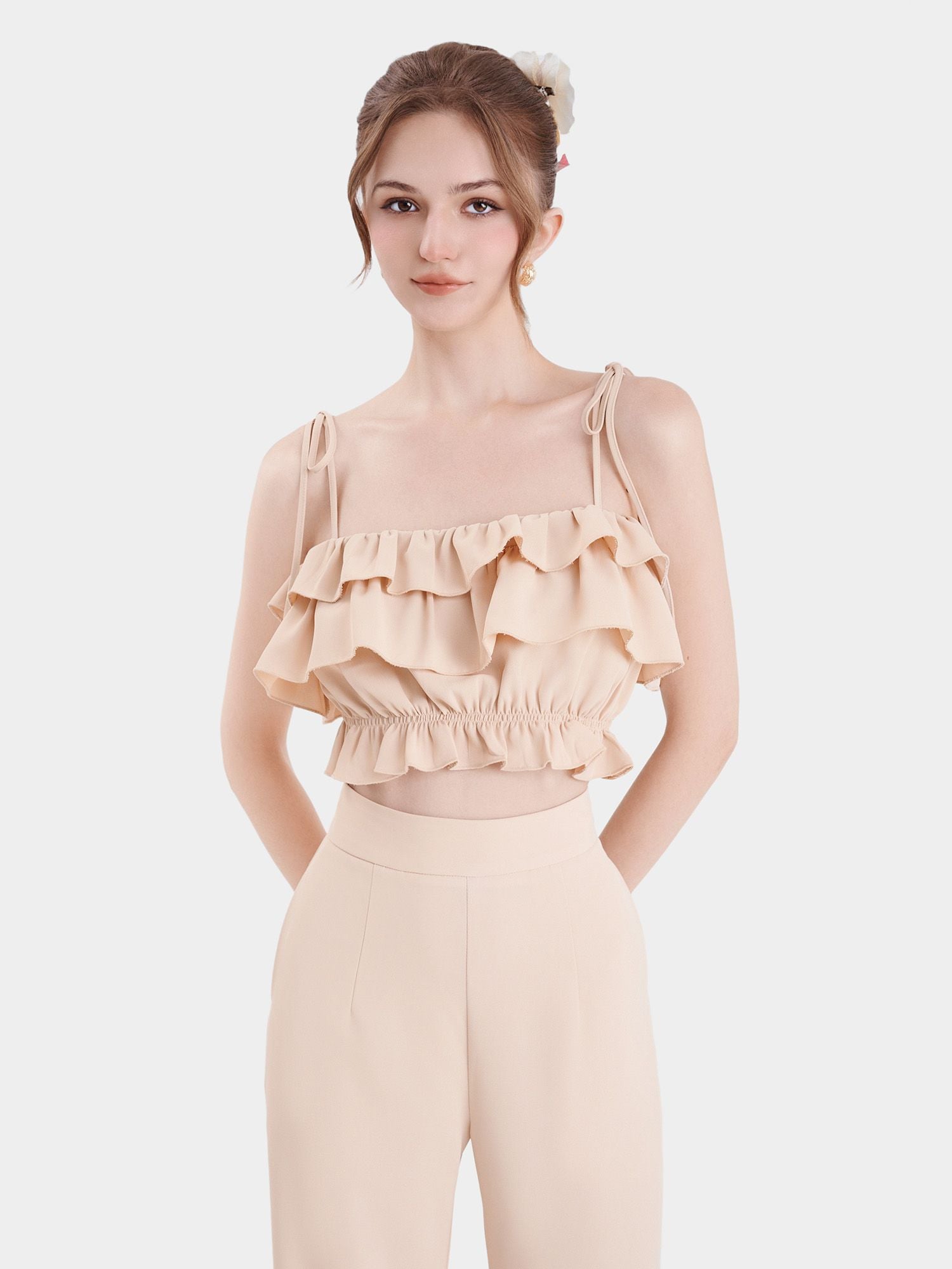  Áo 2 dây croptop phối bèo nhún thun eo 