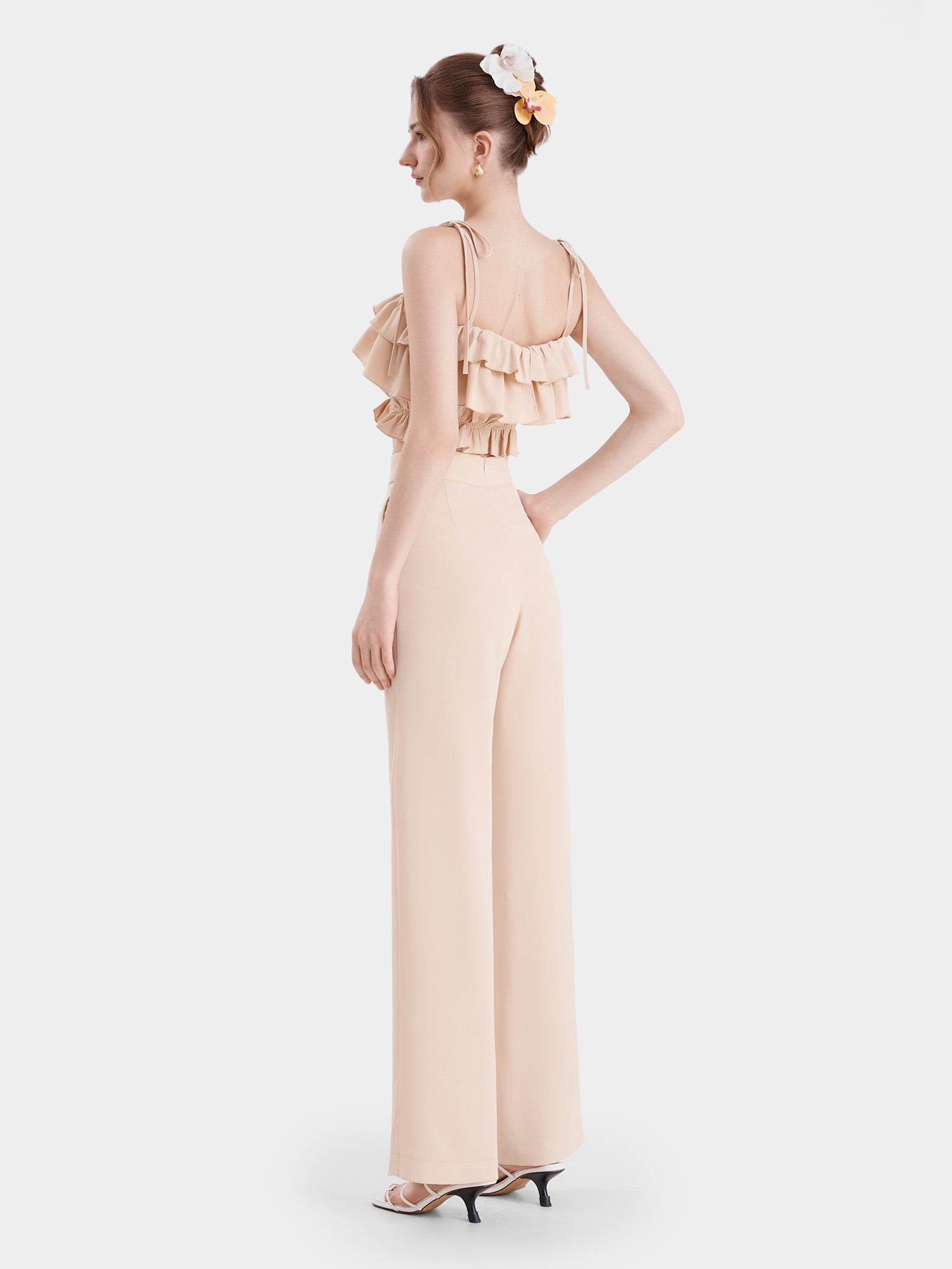 Áo 2 dây croptop phối bèo nhún thun eo