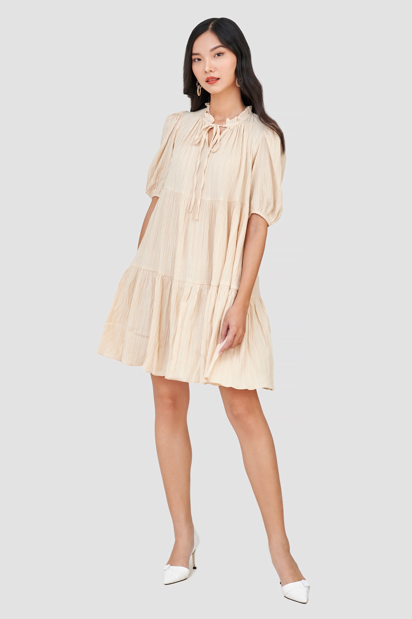 Đầm form babydoll 3 tầng tay phồng