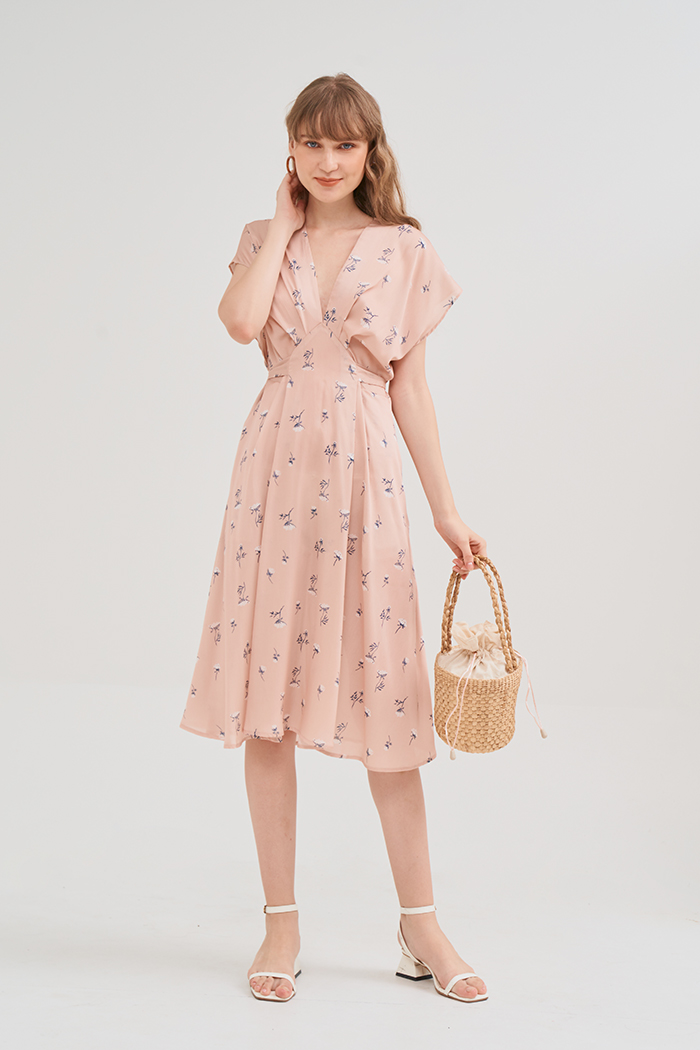 Đầm lụa midi in hoạ tiết fall19 tay liền