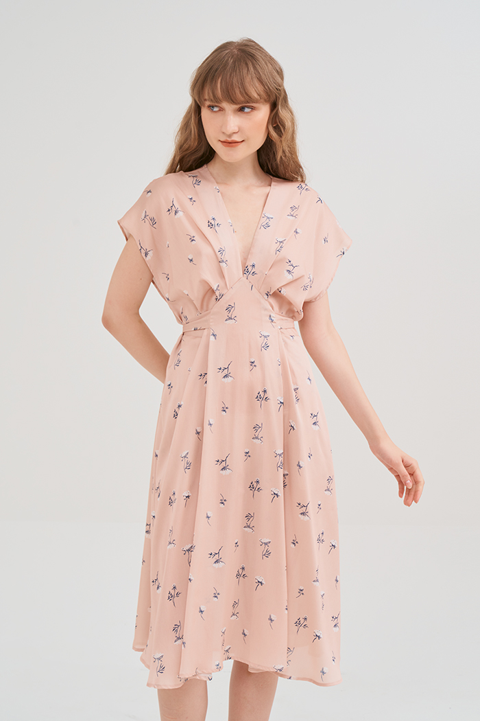 Đầm lụa midi in hoạ tiết fall19 tay liền