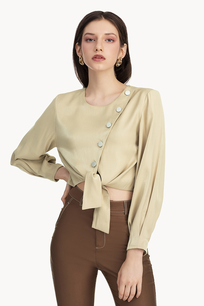 Áo tay lở nhấn nút cột nơ trước