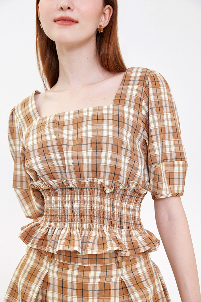 Áo caro cổ vuông smocking bèo