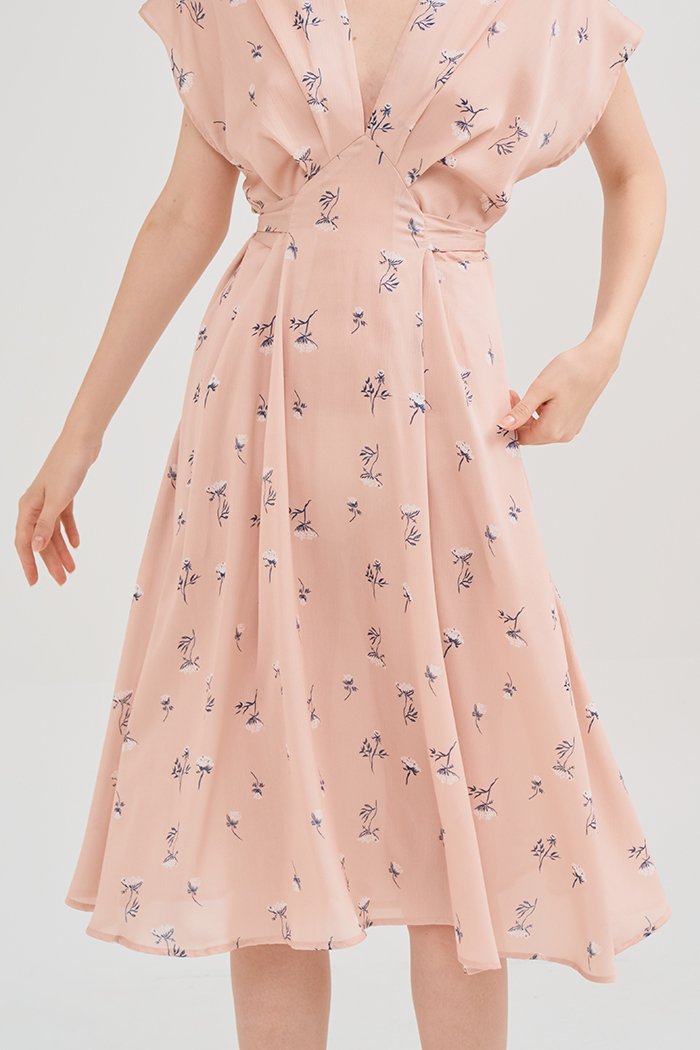 Đầm lụa midi in hoạ tiết fall19 tay liền