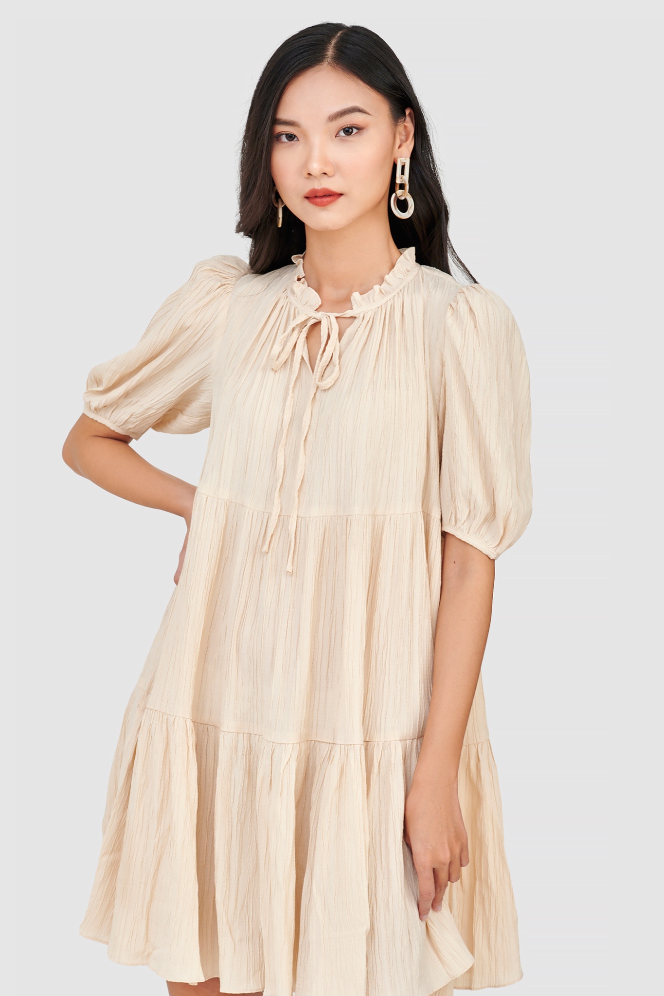 Đầm form babydoll 3 tầng tay phồng
