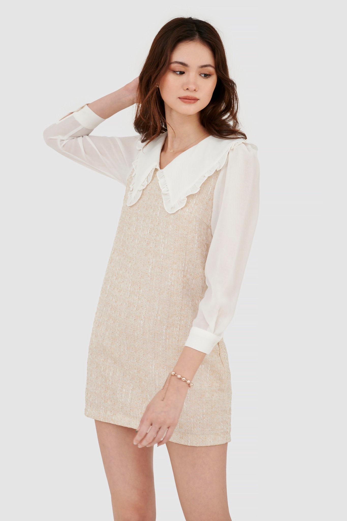Đầm form suông vải tweed phối vải