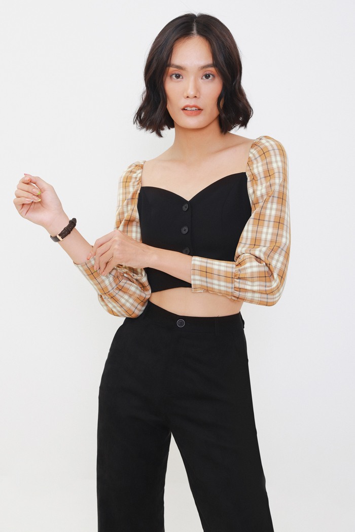 Áo croptop phối tay caro cài nút