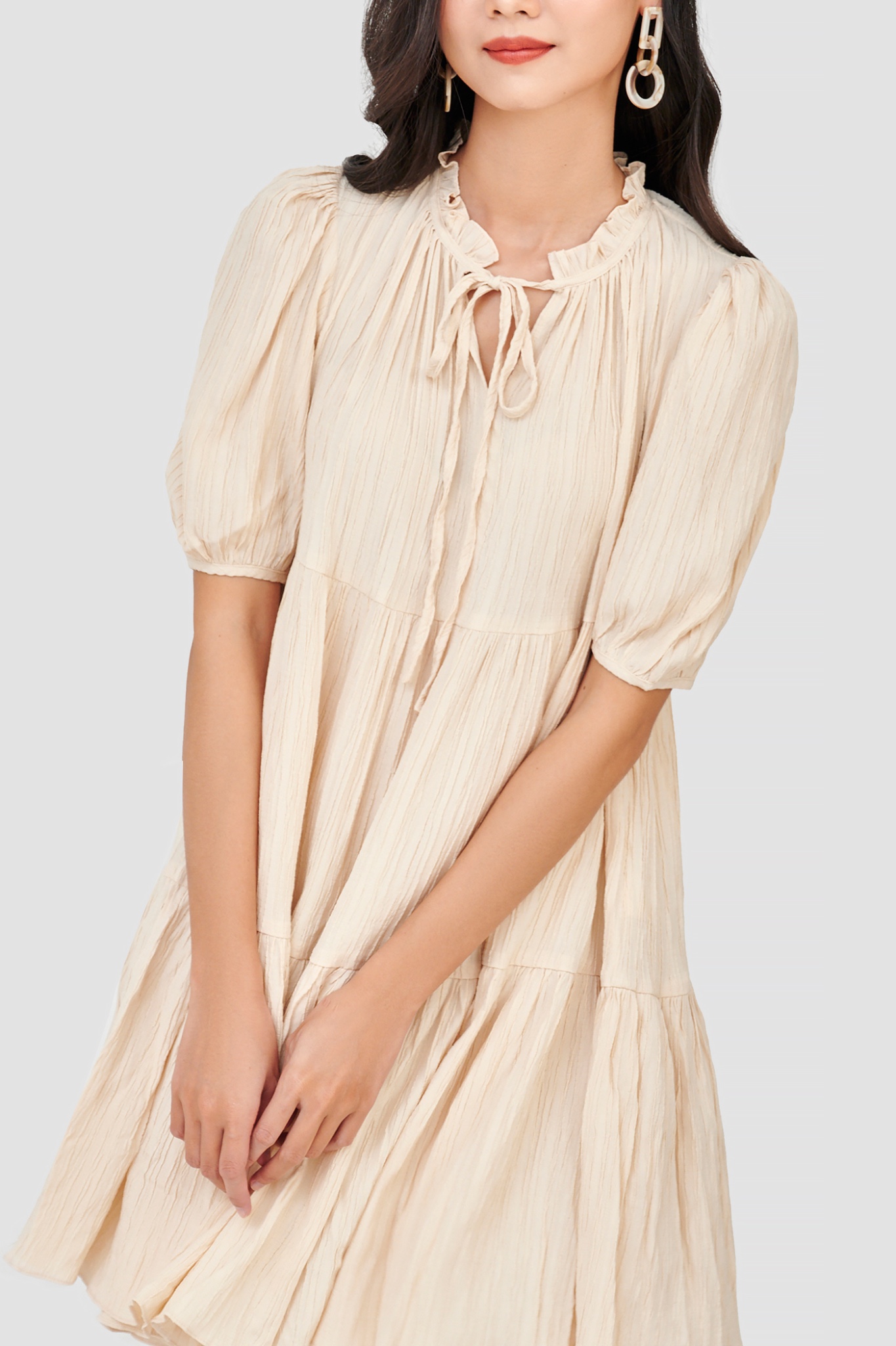 Đầm form babydoll 3 tầng tay phồng
