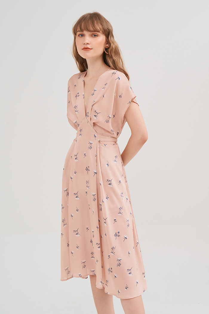 Đầm lụa midi in hoạ tiết fall19 tay liền