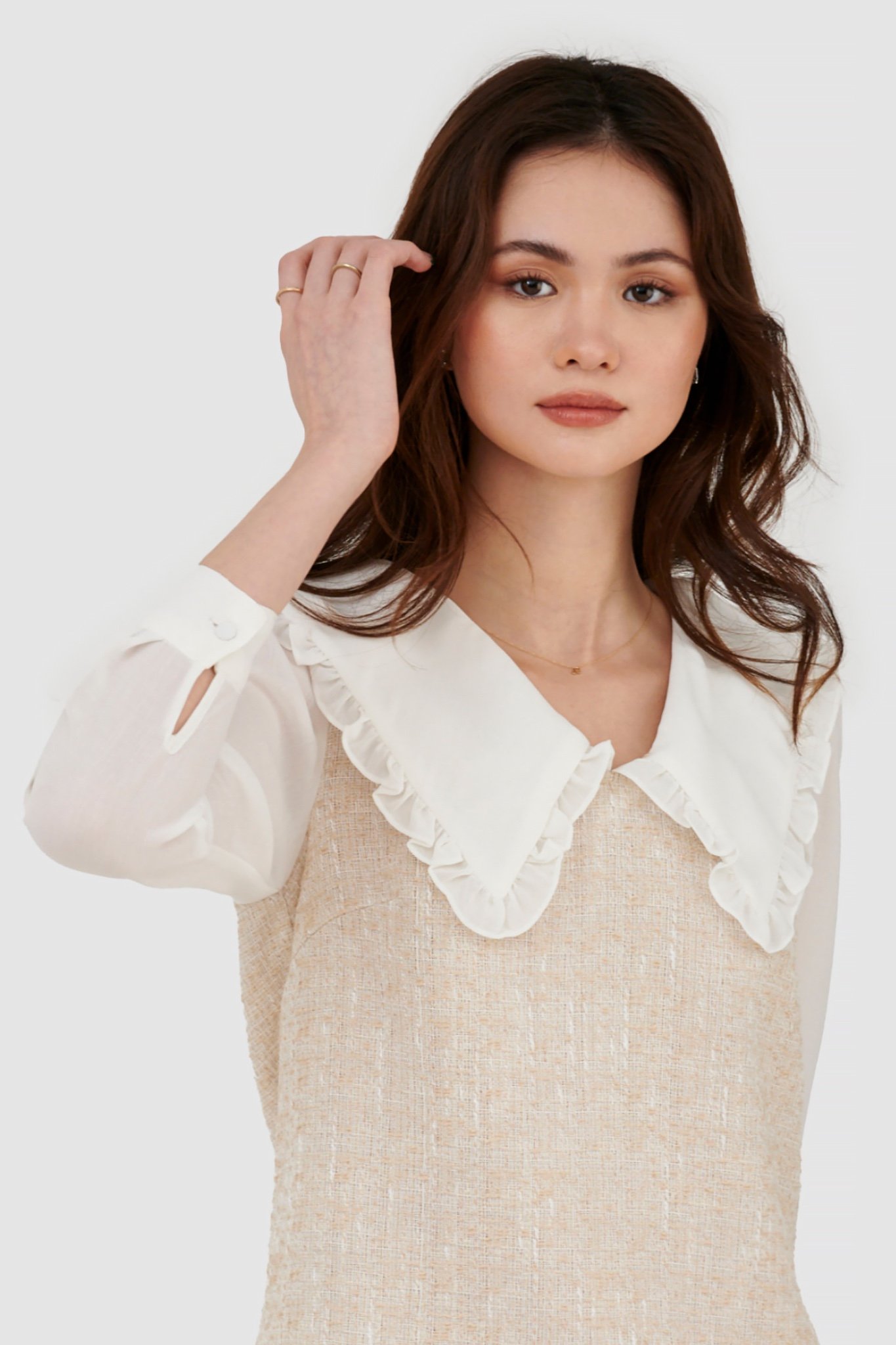 Đầm form suông vải tweed phối vải