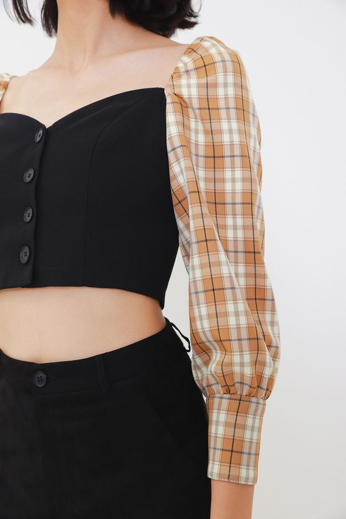  Áo croptop phối tay caro cài nút 