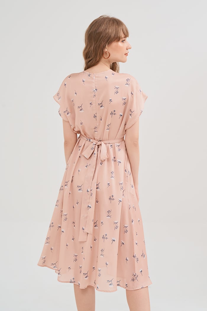 Đầm lụa midi in hoạ tiết fall19 tay liền