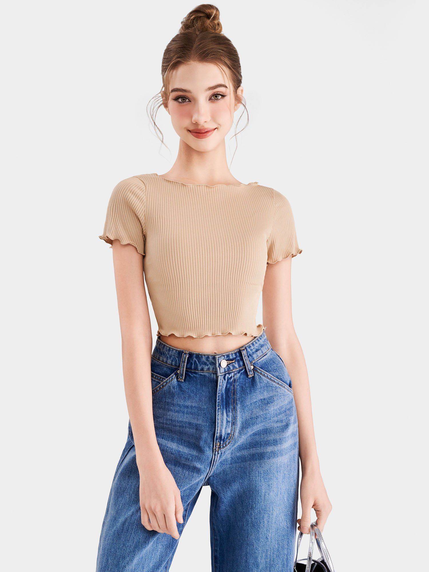  Áo thun gân croptop tay ngắn cuốn biên 