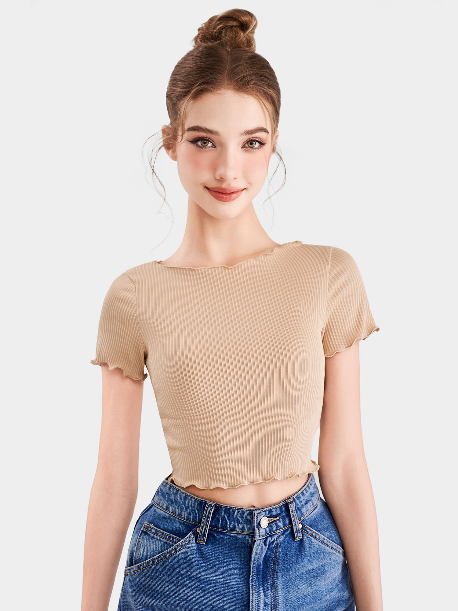 Áo thun gân croptop tay ngắn cuốn biên