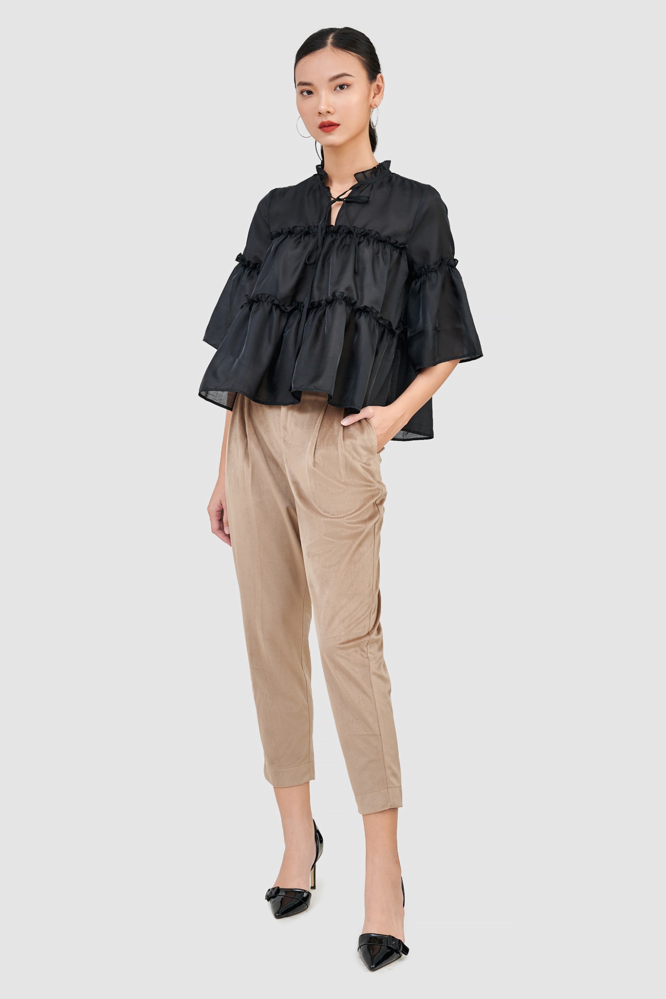 Áo kiểu sheer 3 tầng tay nhún bèo
